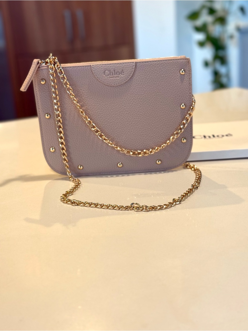 Chloe Lilac Leather Converted to Crossbody Bag with Gold Chain
